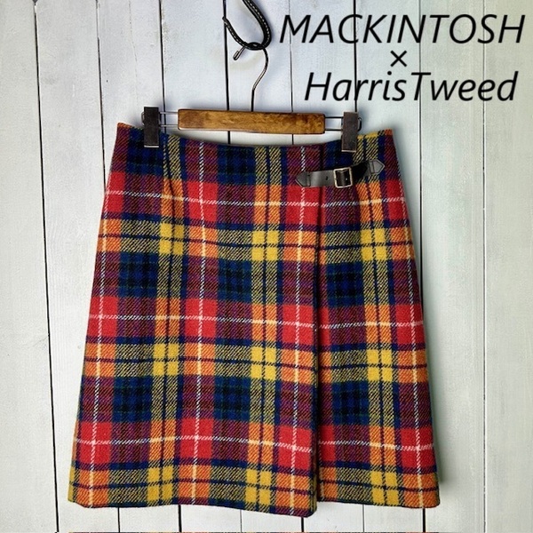 美品 MACKINTOSH×HarrisTweed ツイードウールラップミニスカート 40 ハリスツイード マッキントッシュ フィロソフィー 巻き 厚手 ●373