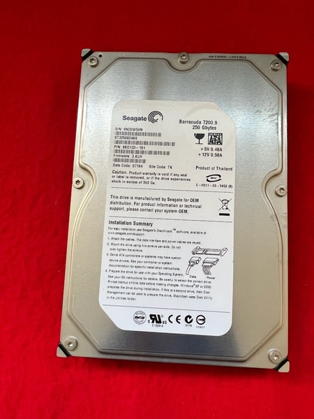 不良返金保証 シーゲート Seagate☆3.5インチHDD(ハードディスク)☆250GB SATA300 7200rpm☆ST3250824AS (A089)