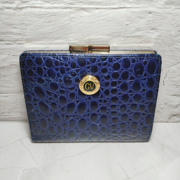 VERSACE 二つ折り財布 がま口 レザー 小銭入れあり ネイビー ジャンニヴェルサーチ 送料無料