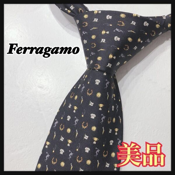 ☆美品☆ Ferragamo フェラガモ ネクタイ ブランドネクタイ ブラック シルク オリンピック柄 スーツ フォーマル メンズ 男性 紳士 送料無料