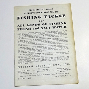 ☆ William Mills & Son Price List No.142−1 for 1942 Catalog ☆ H.L.Leonard〜レナードロッドの総代理店ミルズのカタログ別冊価格表 ☆