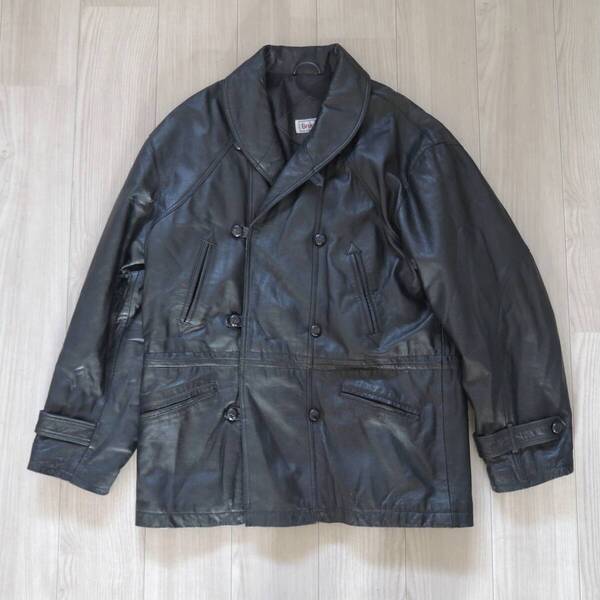 vintage ブランメル Brummell PARIS 本革 羊革 ショールカラー ダブル レザー コート カーコート メンズ 52 ヴィンテージ ブラック 6948