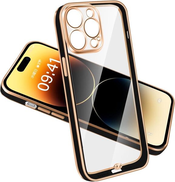 iPhone14ProMax ケース クリア 耐衝撃 アイフォン14ProMax カバー TPU 透明 レンズ保護 ソフトケース 軽量 スマホケース (ブラック)
