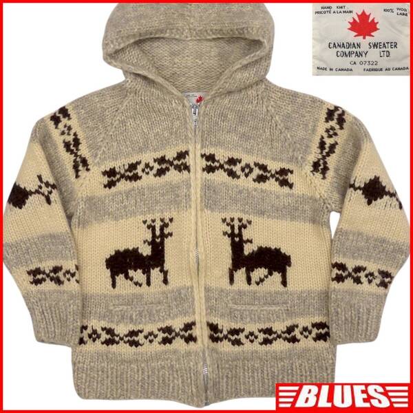 即決★カナダ製 CANADIAN SEWATER★メンズ L カウチンセーター カナディアンセーター グレー フード ウール ニット セータ ジップアップ