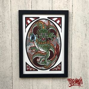 運気アップ 開運 アート 尾九 オリジナル イラスト 龍 正面龍 A4サイズ 黒色 フレーム付き 壁掛け インテリア 風水