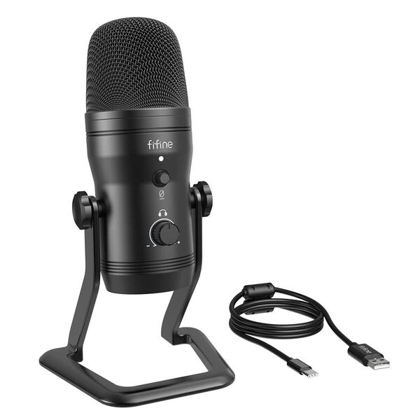 FIFINE USBマイク コンデンサーマイク ステレオレコーディングマイク ミュートボタン 3.5mmイヤホン端子ブラック K690(H10)