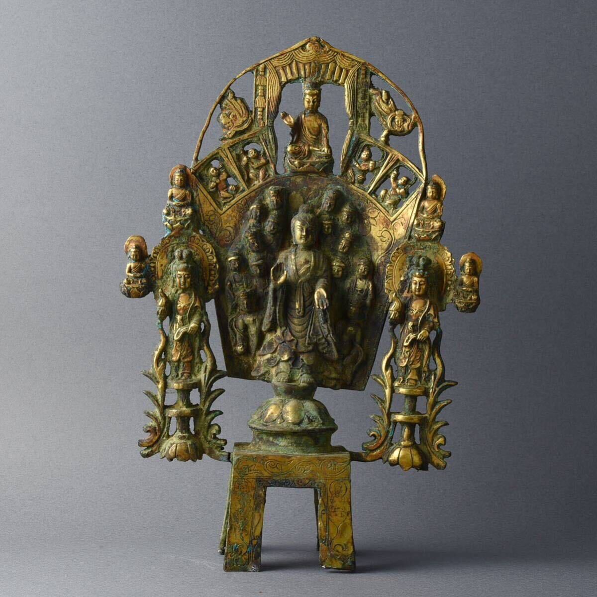 中国古玩 隋 青銅 金銅仏 三尊像 観音菩薩 台付 時代物 高25.5cm