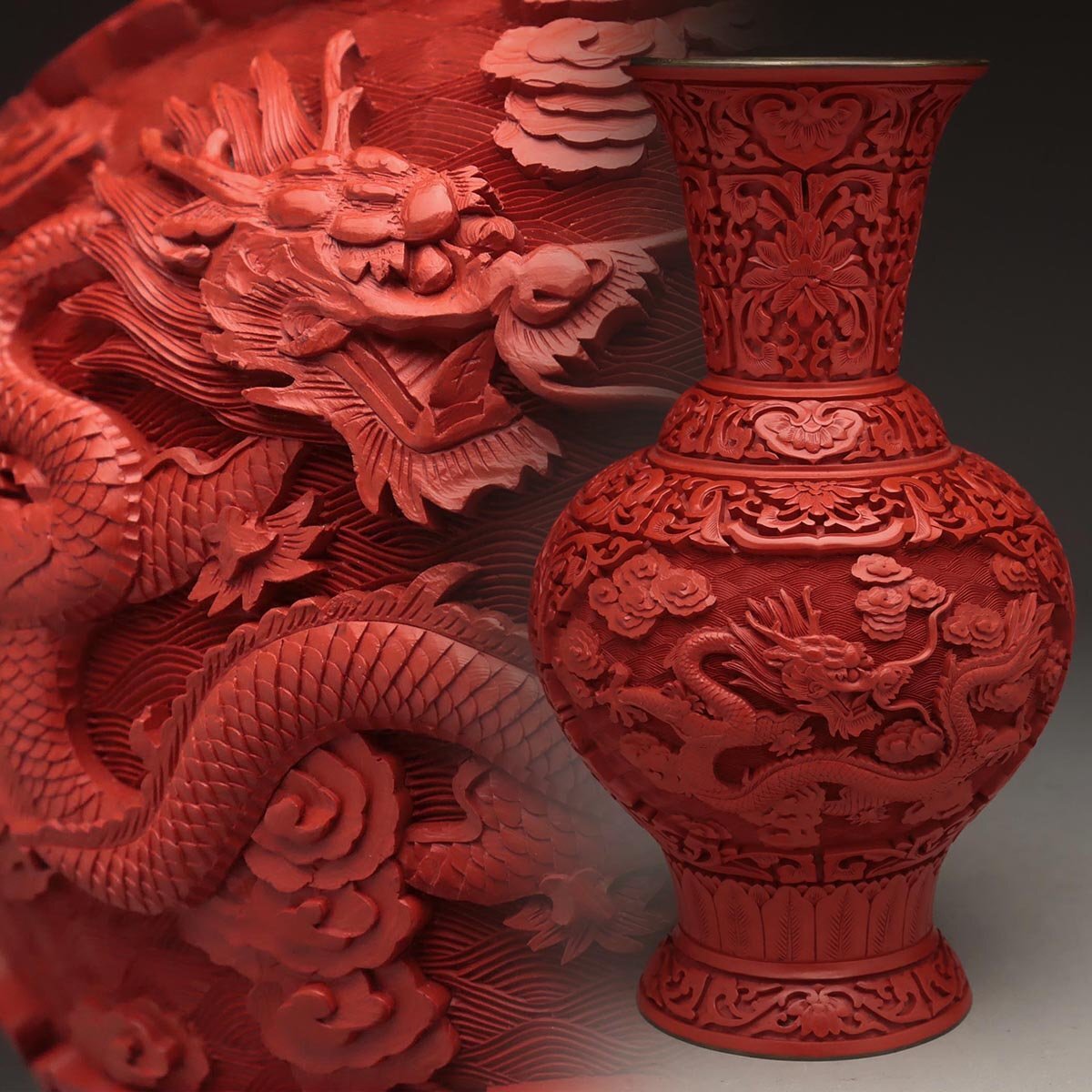◇◇No81 堆朱花瓶 四方瓶 花草文彫刻 漆器 中国北京彫漆厰出品 ◇◇No81 堆朱花瓶 四方瓶 花草文彫刻 漆器 中国北京彫漆厰出品