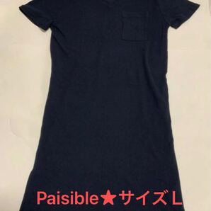 Paisible★ワッフル生地 Vネック ポケット黒 ブラック シンプルワンピサイズL 半袖 ワンピース