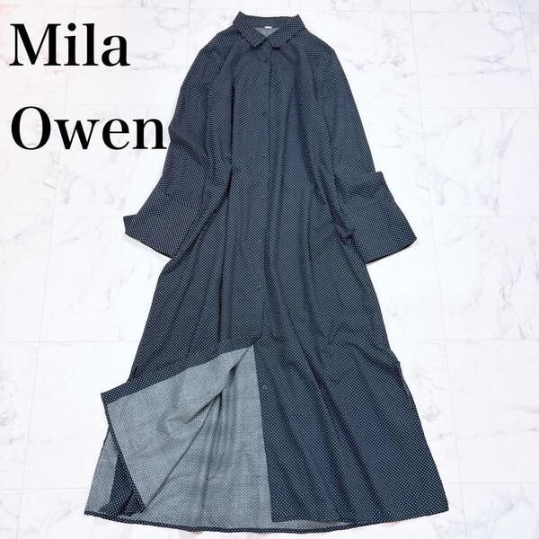 ■ Mila Owen ミラオーウェン ロングワンピース コットン 綿 長袖 ドット 水玉 1サイズ S レディース ブラック 黒