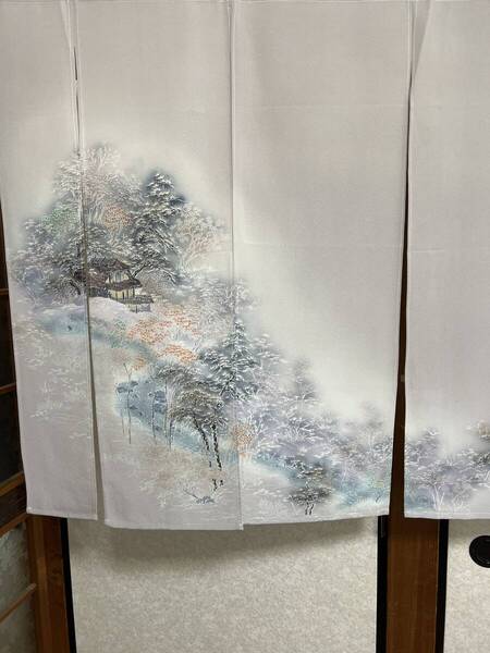 山の風景、着物リメイクーのれん和着物〜奥深い山奥、大自然、一軒家ー暖簾、1点物作品!