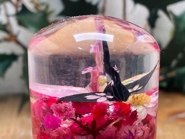 水中花シフトノブ 折り鶴と小花 赤