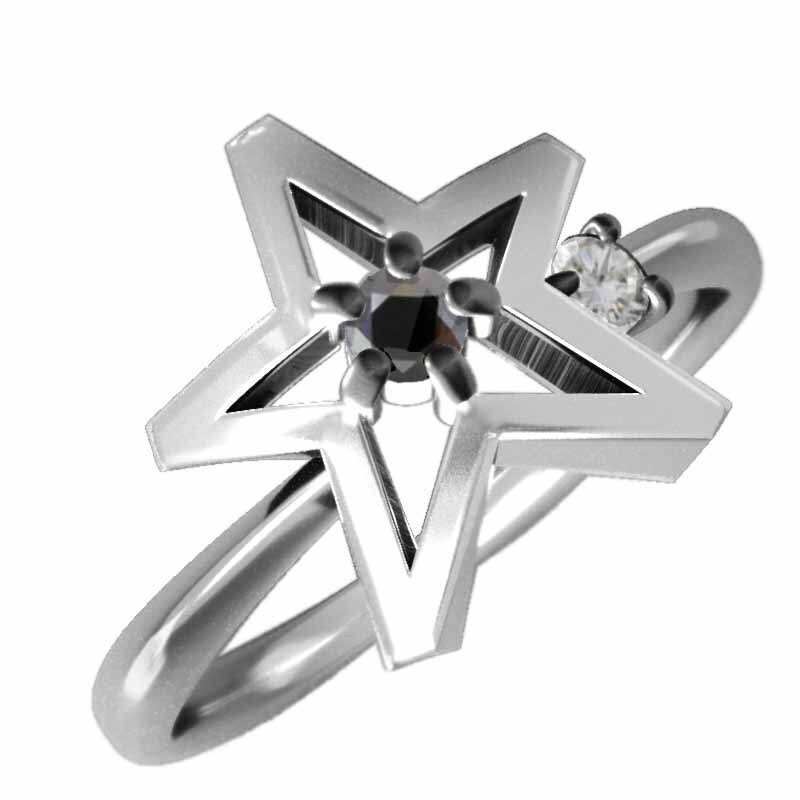 k10ホワイトゴールド 指輪 スター ヘッド 4月誕生石 ブラックダイヤ(黒ダイヤ)