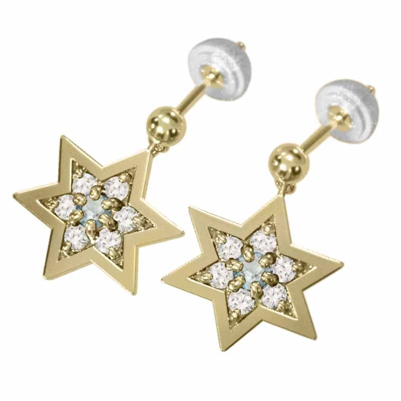 両耳 ピアス イエローゴールドk18 六芒星 アクアマリン 天然ダイヤモンド キャッチ付き ブラタイプ 大サイズ