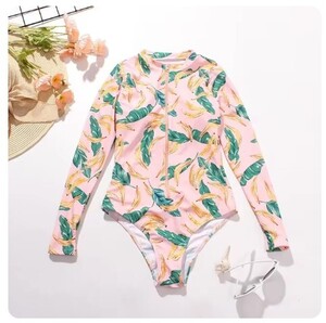 женский длинный рукав купальный костюм, One-piece, высокий ноги, плавание одежда, пляж одежда, цветочный принт купальный костюм, цвет : бежевый