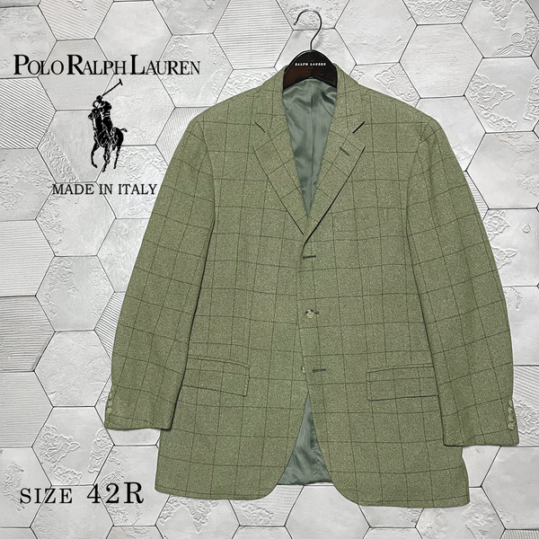 コルネリアーニ社製 イタリア製 ラルフローレン【POLO by RALPH LAUREN】カシミヤ100% チェック柄 3B ソフトツイードジャケット 42R
