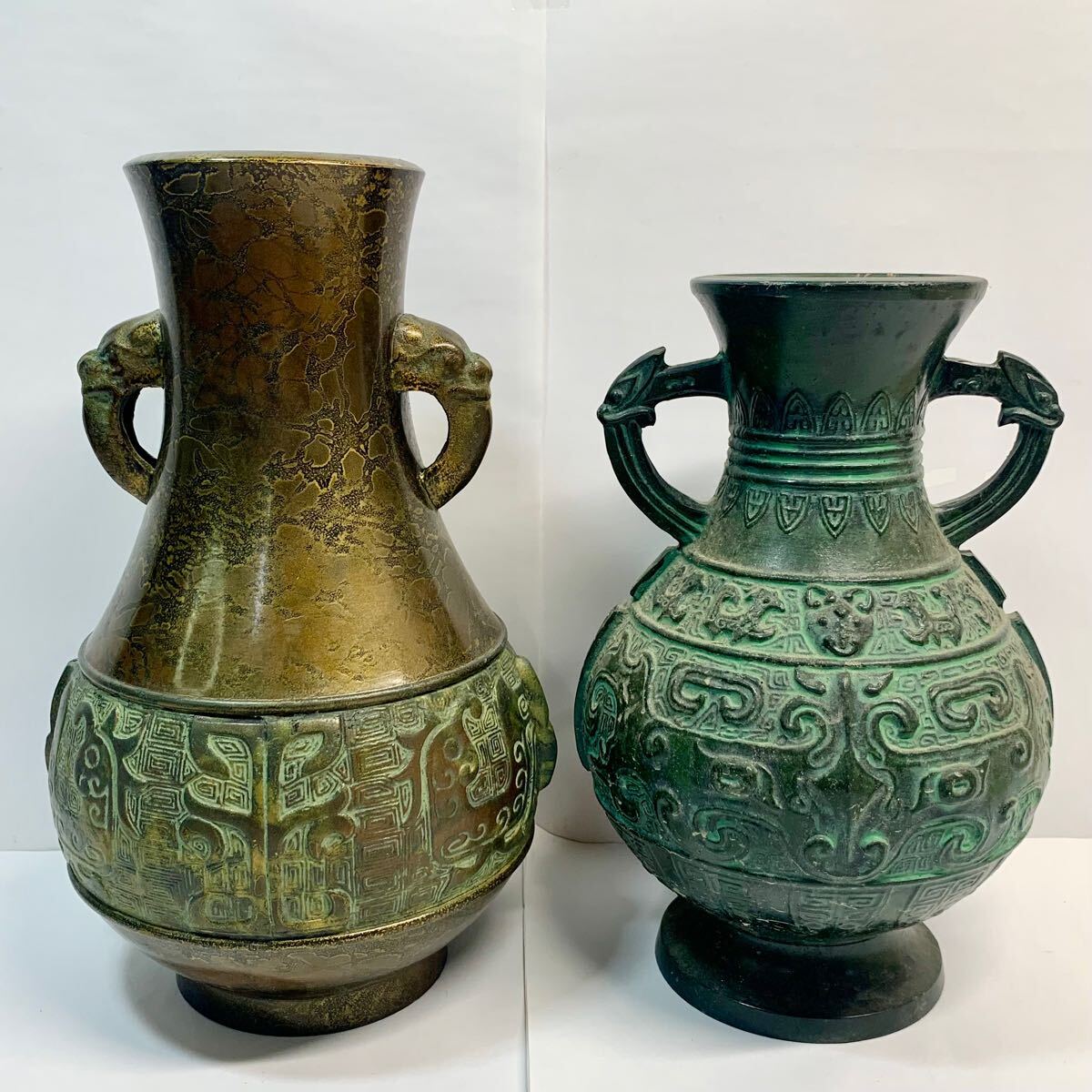 高岡銅器 兼荀 双龍獣耳骨董品 峰雲 花瓶花器 アンティーク青銅