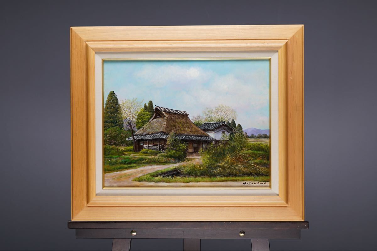真作」細川進『杏の里』 風景画 F4 号油絵 絵画 油彩画 額装