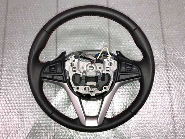キズ・剥がれ有 MK53S スペーシア カスタム 純正 ステアリング ハンドル レザー 革 赤ステッチ ステアリングスイッチ パドルシフト付