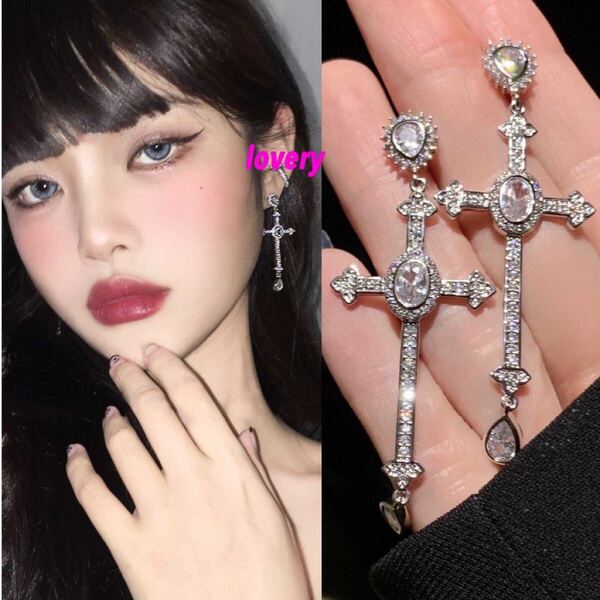 韓国で大人気 十字架ドロップピアス 十字架 ピアス 地雷女 シルバーピアス ロック系 ゴスロリ系