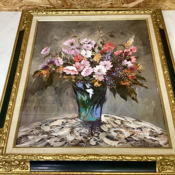 絵画 油絵 花瓶 花 額入 華やか ゴージャス インテリア アート c-92