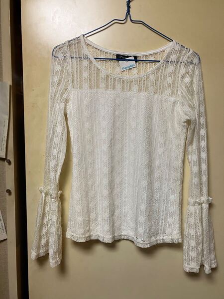 新品/レース/シャツ/M/袖口フリル/ロングスリーブ/カットソー/ホワイト/白/Tシャツ/フレア/フリル袖/長袖/レディース/トップス/フェミニン