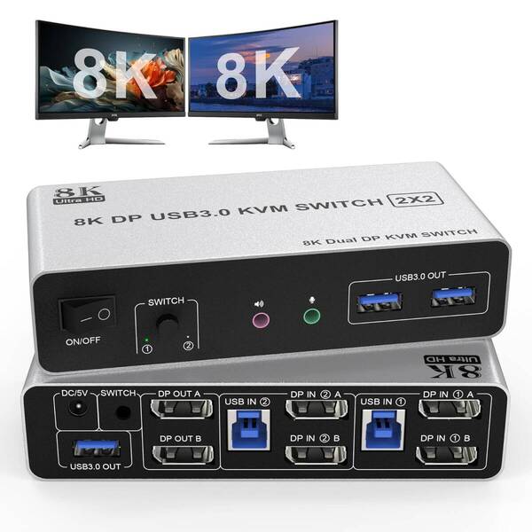 8K DisplayPort デュアル モニター KVMスイッチ 2 DisplayPortモニター2PC 分配器