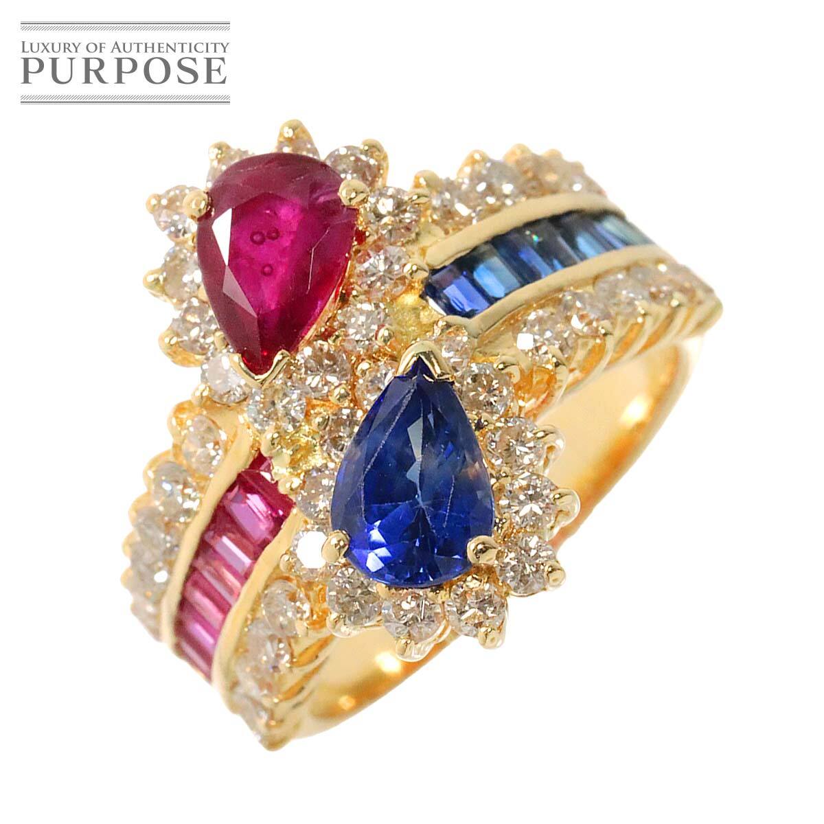 リング 8.5号 ルビー 1.07ct サファイヤ 1.35ct ダイヤ 1.13ct K18 YG イエローゴールド 750 指輪 Ruby Ring 90251010