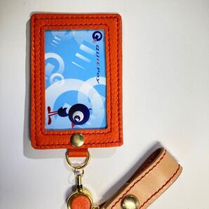 本革★カードケース★定期券入れ★ハンドメイド★オレンジシボ革★赤ステッチ★ゴールドジャンパーホック★リール付き
