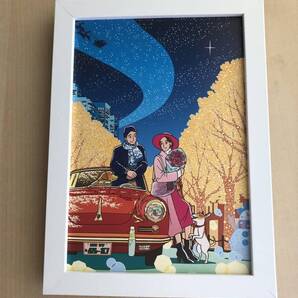 kj ★額装品★ わたせせいぞう クリスマス 貴重イラスト A5サイズ額入り ポスター風デザイン サンタクロース 車 イルミネーション 犬