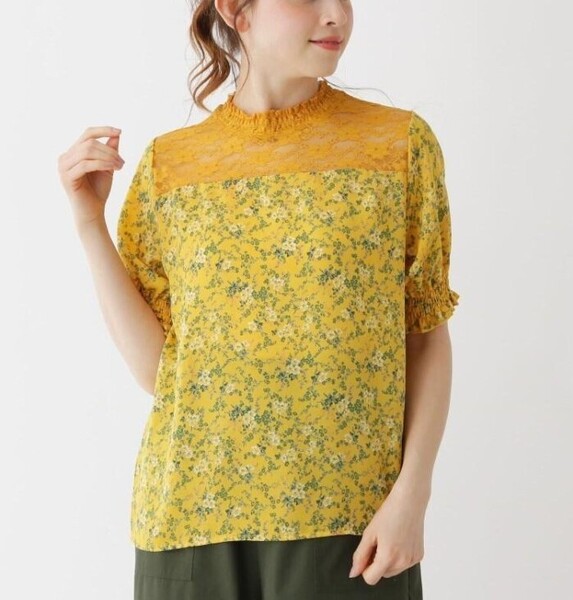 新品 SHOO・LA・RUE/Cutie Blonde 花柄×レース切り替えパフ袖ブラウス マスタード(733) 02(M) 定価2197円
