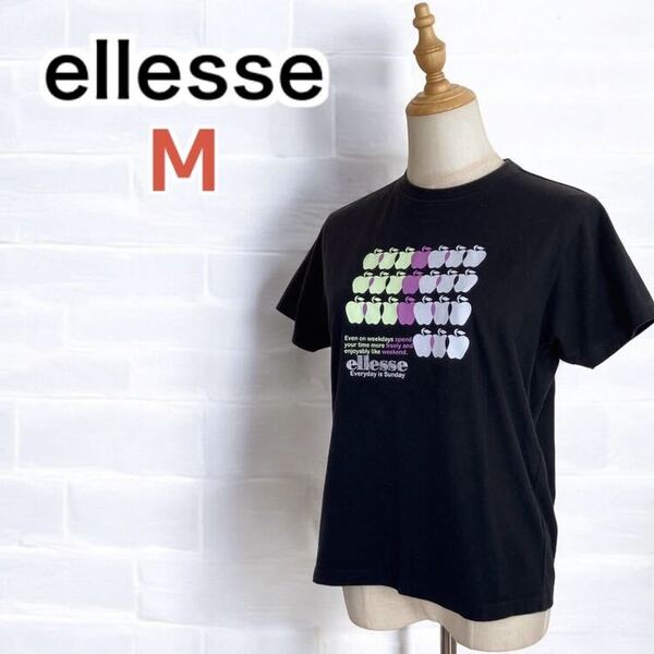 【美品】レディース ellesse 無地 Tシャツ リンゴ柄 りんご 黒 ブラック 綿混 エレッセ Mサイズ 半袖トップス