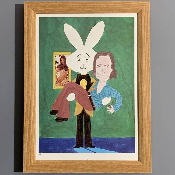 ■和田誠■「ヒュー・ハフナー 1974」/B5額装品/似顔絵/『PLAYBOY』発刊者/実業家/貴重イラスト/印刷物/インテリア G1514