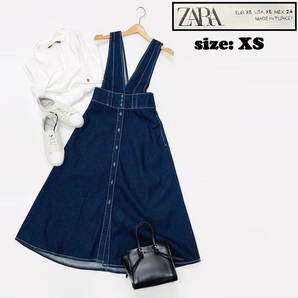 ZARA /XS/ ネイビー ジャンパースカート レディース デニム カジュアル 生地 コットン 通勤 フェミニン 大人可愛い ガーリー デイリー ザラ