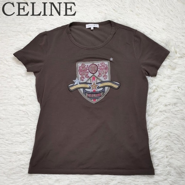CELINE セリーヌ 半袖 Tシャツ L ロゴ トリオンフ 刺繍 ブラウン カーキ レディース 中古 ブランド