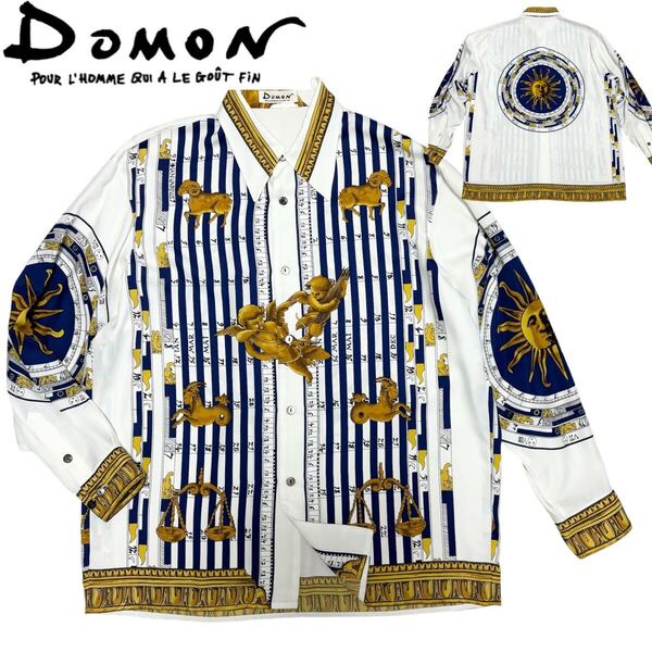 80s 美品■DOMON■スカーフ柄 DIES ET HORE 総柄 ポリシャツ フリー 白 ネイビー ゴールド ドモン 占星術 天使 エンジェル オーバーサイズ
