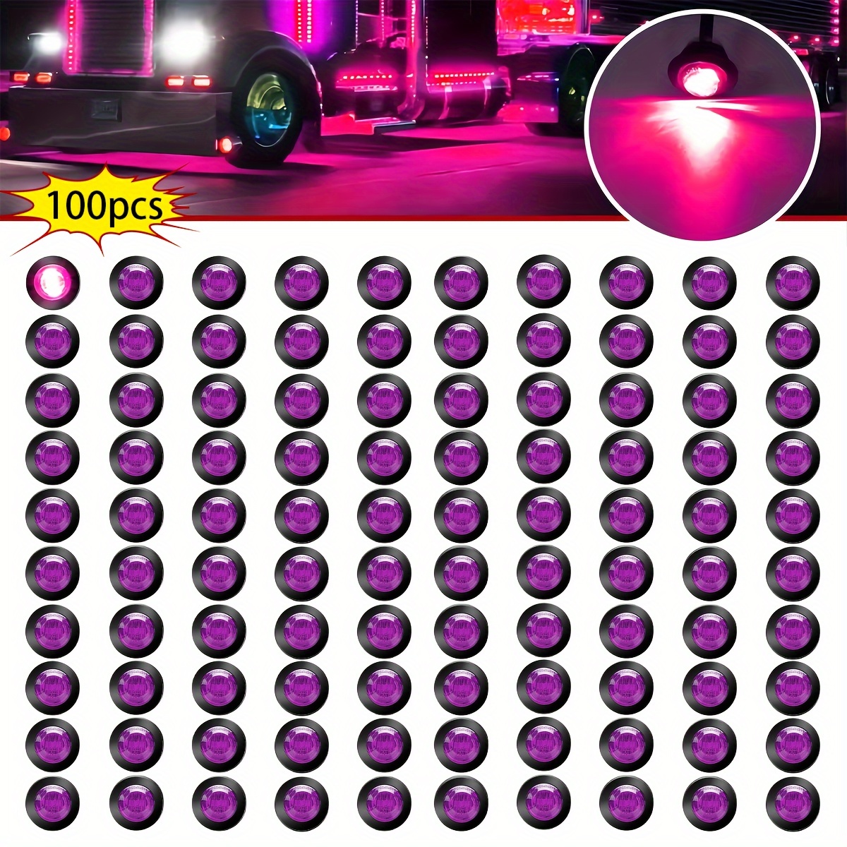 100個セット サイドマーカー LED パープル 紫 防水 12V トラック用 車幅灯 トレーラー 丸型マーカー ライト カーライト LEDライト t3509