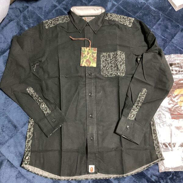 定価18690円 新品未着用 日本製 A BATHING APE エイプ ボタンダウンレオパード柄長袖ネルシャツ 黒 BLACK LEOPARD BD SHIRT サイズL