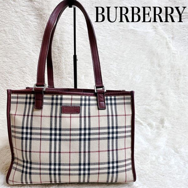 美品 希少 BURBERRY ノバチェック ロゴ レザー 横長 トートバッグ バーバリー