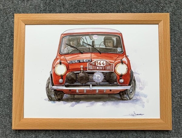 ■BOW。池田和弘『Morris Mini Cooper』B5サイズ額入り 貴重イラスト 印刷物 ポスター風デザイン 額装品 アートフレーム 旧車