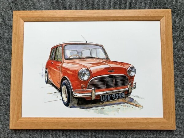 ■BOW。池田和弘『Austin Mini Cooper-S』B5サイズ額入り 貴重イラスト 印刷物 ポスター風デザイン 額装品 アートフレーム 旧車