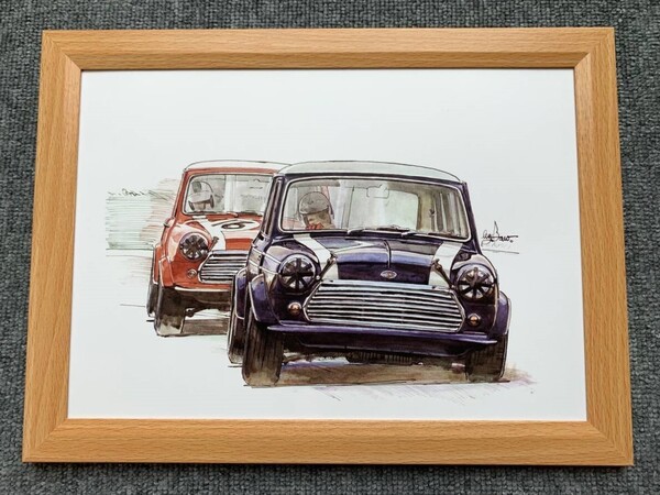 ■BOW。池田和弘『Morris Mini Cooper』B5サイズ額入り 貴重イラスト 印刷物 ポスター風デザイン 額装品 アートフレーム 旧車