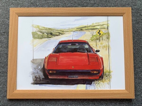 ■BOW。池田和弘『Ferrari 308GTB』B5サイズ額入り 貴重イラスト 印刷物 ポスター風デザイン 額装品 アートフレーム 旧車