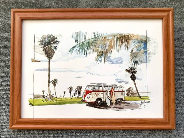 ■BOW。池田和弘『Volkswagen TypeⅡ Micro-Bus』B5サイズ額入り 貴重イラスト 印刷物 ポスター風デザイン 額装品 アートフレーム 旧車