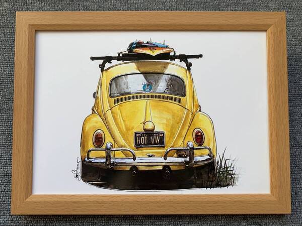 ■BOW。池田和弘『Volkswagen Beetle』B5サイズ額入り 貴重イラスト 印刷物 ポスター風デザイン 額装品 アートフレーム 旧車