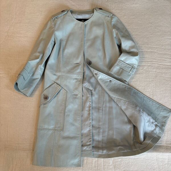 Aquascutum ラムレザー ハーフコート Sサイズ 薄水色 ノーカラー