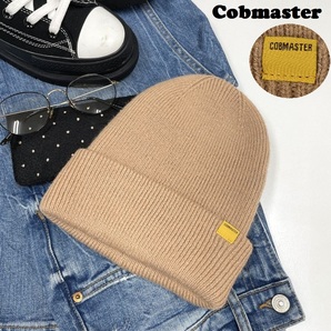 Cobmaster ベージュ ニットキャップ アウトドア キャンプ ゴルフ スポーツ スノボ帽子 バイク トラック イエローロゴワッペン コブマスター