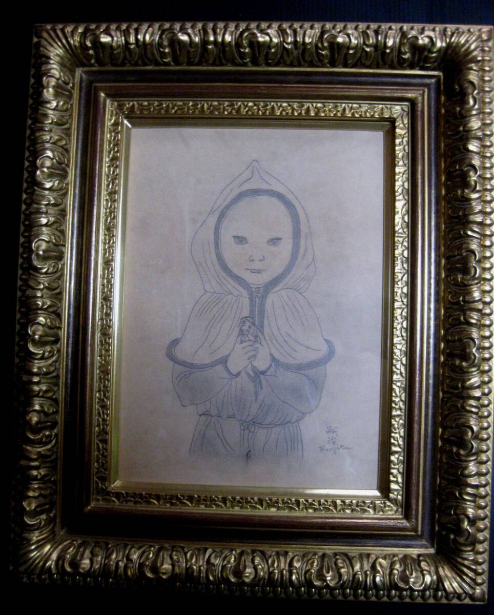 藤田嗣治 鉛筆画 肉筆『青い目の少女』サイン 画廊シール F3号