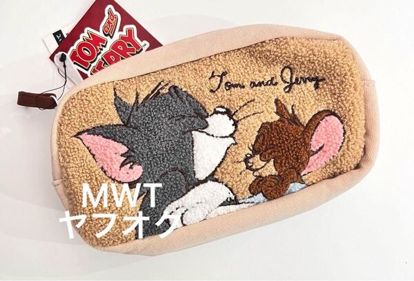 2202979 サガラスウェットポーチ ベージュ トムとジェリー レディース ファッション バッグ ポーチ 財布 刺繍 アニメ ねこ MWT