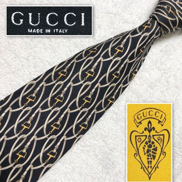 GUCCI グッチ ネクタイ ベルト あぶみ風金具 総柄 シルク100% イタリア製 ブラック ビジネス